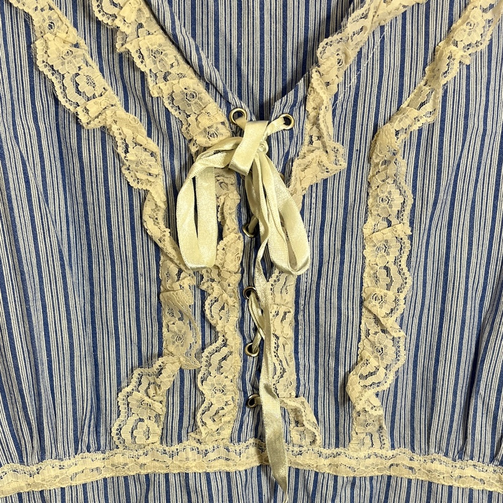 Denim 24/7 Blue Cotton Plus Size Striped Cream Lace-Trim Peasant Top - Picture 5 of 11